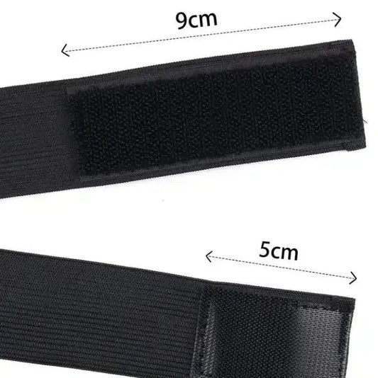 Two black straps with measurements indicated on a white background
