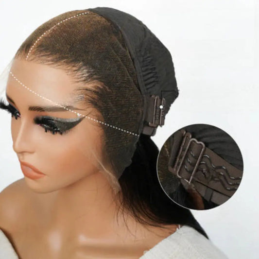 Close-up of a wig cap with a detailed view of the lace front on a white background.