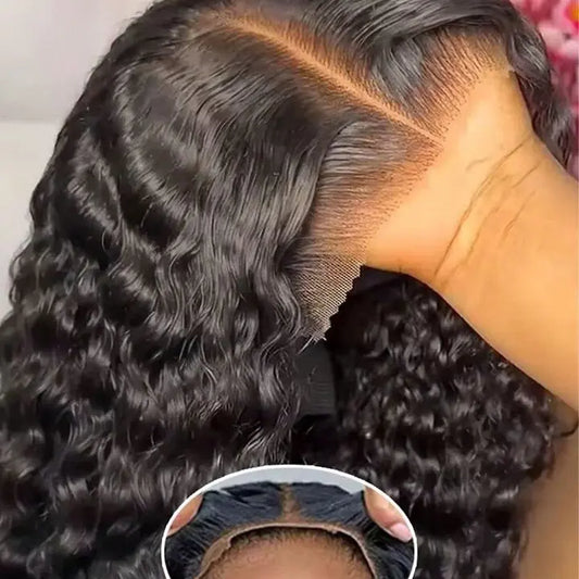 Black wavy hair wig with a close-up of the scalp area.