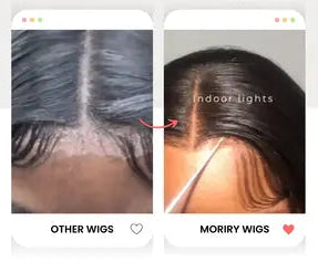 Comparison of hairline between 'Other Wigs' and 'Morriy Wigs' under indoor lights.