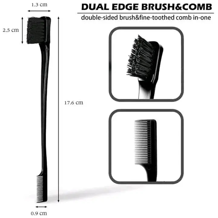 Black dual-edge brush and comb with measurements on a white background