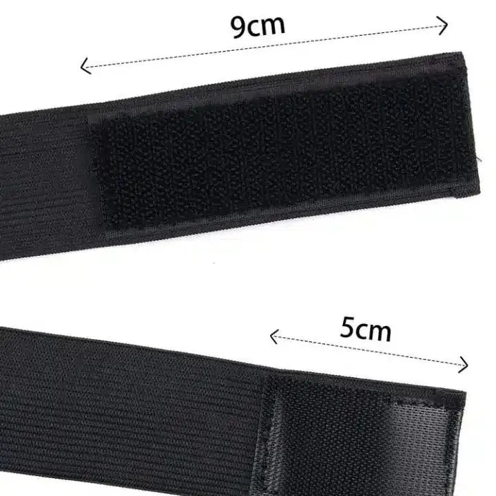 Two black straps with measurements indicated on a white background