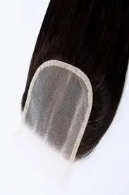 A black hair lace closure with straight hair, showing the mesh base and natural-looking hairline.