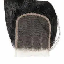A black hair lace closure with straight hair, showing the mesh base and natural-looking hairline.