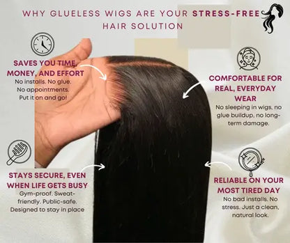 Glueless wig with text highlighting its benefits on a white background