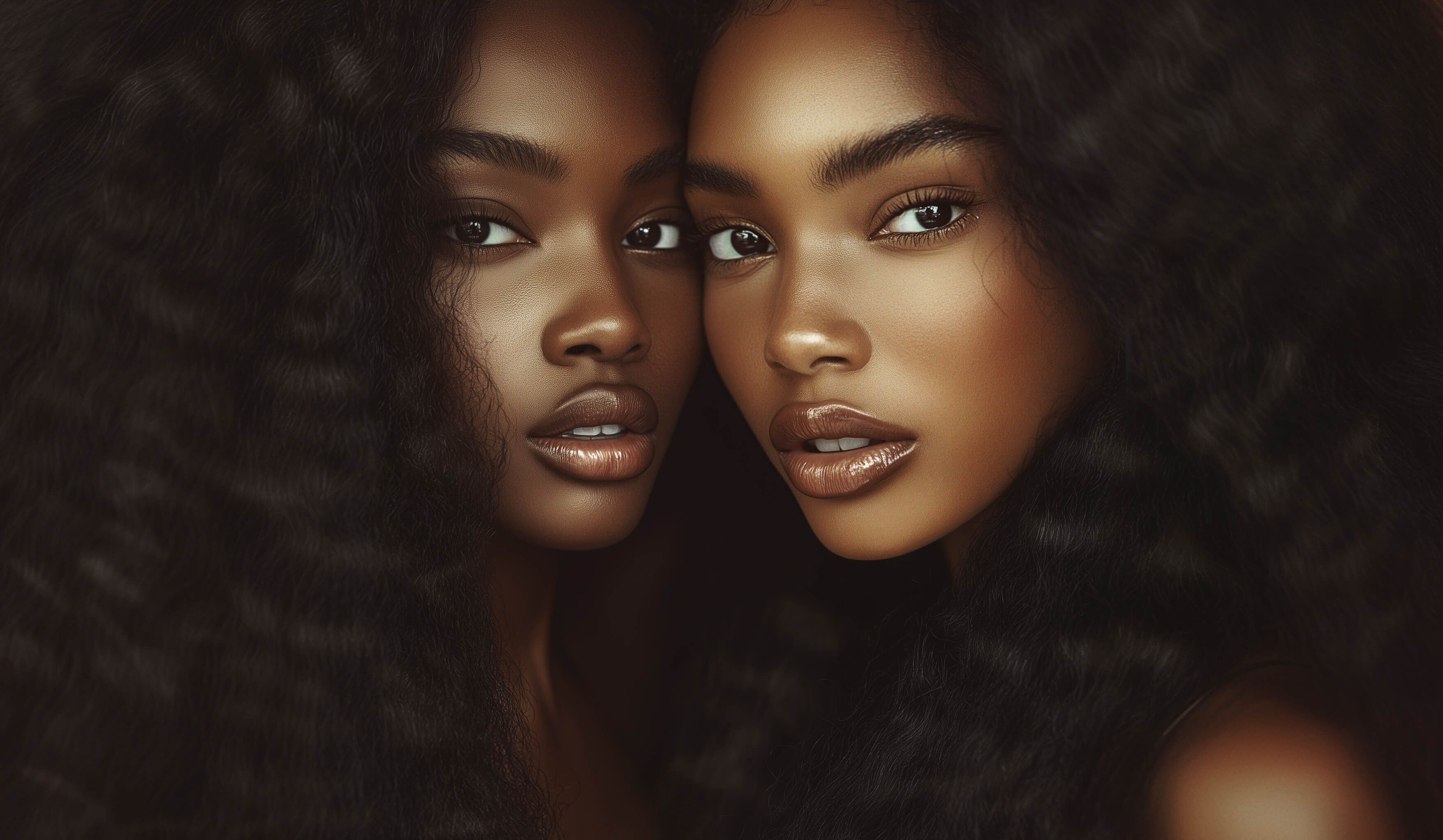 Two women with dark hair and skin against a dark background