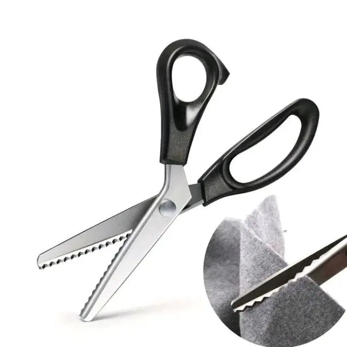 Scissors with black handles and a close-up of the blade on a white background
