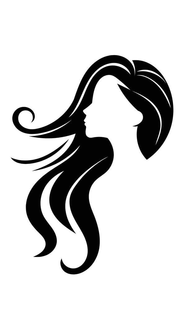 Black silhouette of a woman with flowing hair on a white background